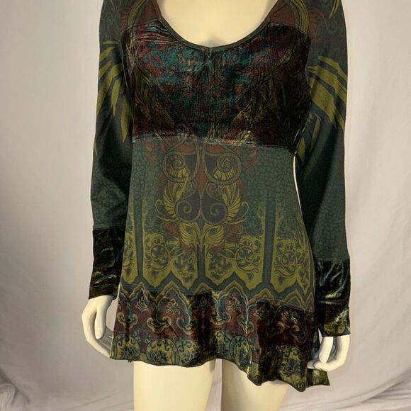 Vintage Y2K Whimsigoth Green Long Sleeve Tunic Top Stretch Burn Out Velvet Size - Picture 11 of 14